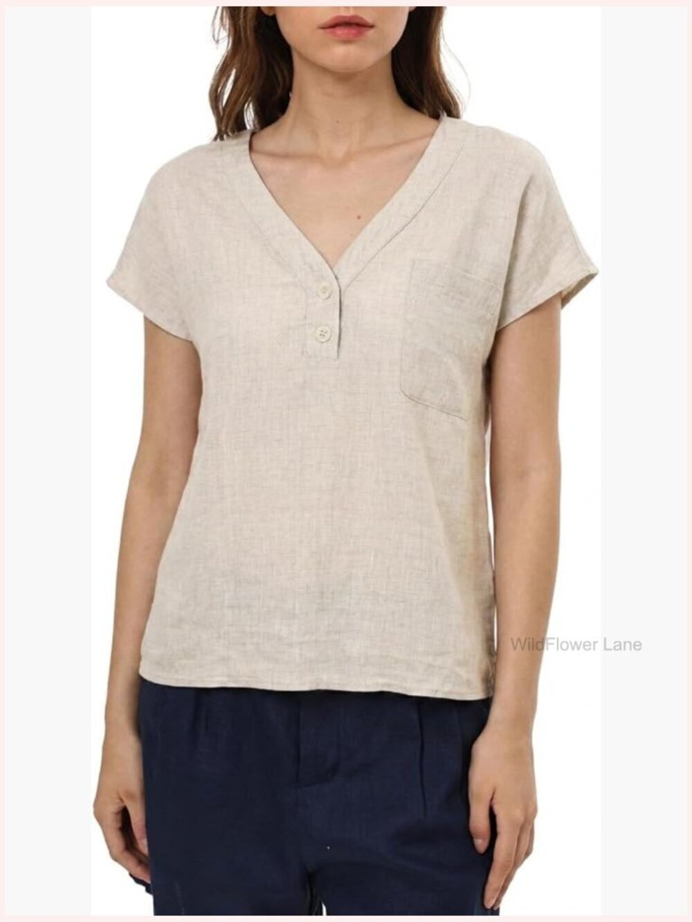 Linen Cap Sleeve Blouse V Neck T-Shirt Summer Casual